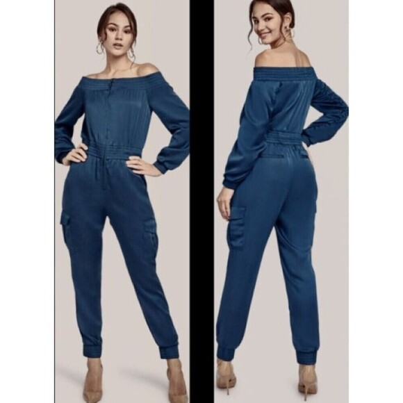 BCBGMAXAZRIA EDYTH OFF SHOULDER JUMPSUIT BLUE SATIN ROMPER SZ LARGE - Picture 1 of 13